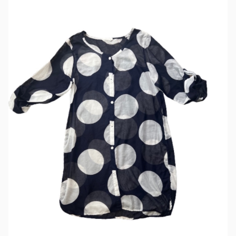 Merona‎ Navy Blue& White Polka Dot Tunic Adjustable Sleeve Button up Size medium